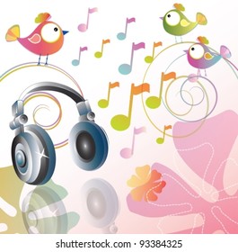 Beautiful illustration with headphones and cartoon birds, vector