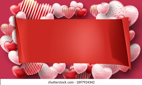 Beautiful illustration of a heart design. Happy Valentine's Day background with heart and real composition for fashion banner, poster or greeting card 3d images Illustration