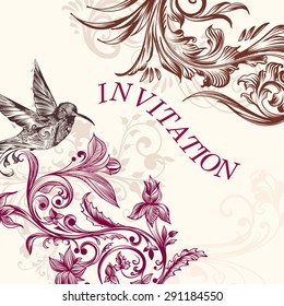 Beautiful illustration with hummingbird and engraved ornament vintage style