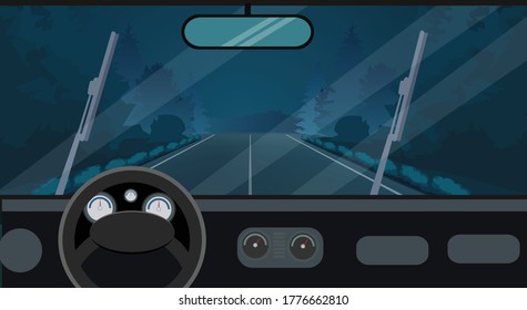 Una bella ilustración de la vista interior de un coche en invierno niebla 