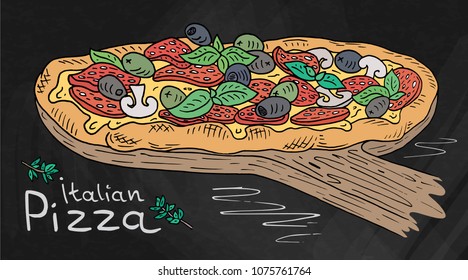 Beautiful illustration of Italian Pizza on the Cutting Board. Chalk and Chalkboard