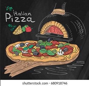 Beautiful illustration of Italian Pizza on the Cutting Board in the oven 