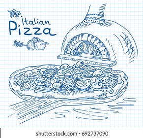 Beautiful illustration of Italian Pizza on the Cutting Board in the oven 