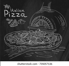 Beautiful illustration of Italian Pizza on the Cutting Board in the oven on the Chalkboard background