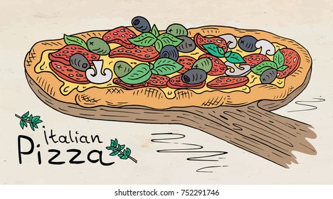 Beautiful illustration of Italian Pizza on the Cutting Board