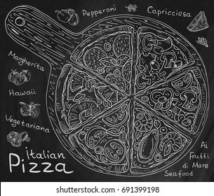 Beautiful illustration of Italian Pizza. Six slices of Margarita, Hawaii, Pepperoni, Vegetarian and Seafood pizza on the Cutting Board. Chalk and Chalkboard