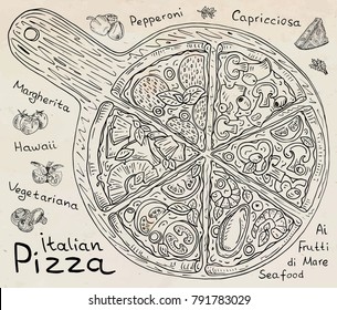 Beautiful illustration of Italian Pizza. Six slices of Margarita, Hawaii, Pepperoni, Vegetarian and Seafood pizza on the Cutting Board