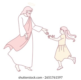 A beautiful illustration of Jesus reaching out to a little girl, symbolizing love and guidance in their bond