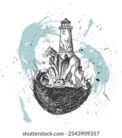 Beautiful illustration of a lighthouse on a coconut shell hand-drawn with ink splashes	
