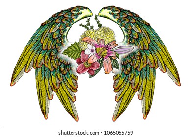 Beautiful illustration with lily, roses and chamomiles flowers and birds wings in blackwork tattoo flash style hand drawing concept. Ornate fashioned angel wings and elegant vintage floral. Vector.