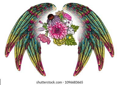 Beautiful illustration with lily, roses and chamomiles flowers and birds wings in blackwork tattoo flash style hand drawing concept. Ornate fashioned angel wings and elegant vintage floral. Vector.