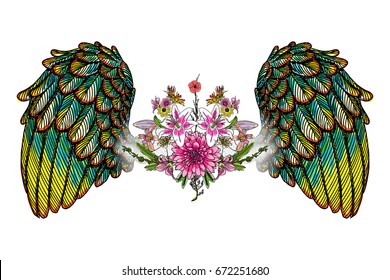 Beautiful illustration with lily, roses and chamomiles flowers and birds wings in blackwork tattoo flash style hand drawing concept. Ornate fashioned angel wings and elegant vintage floral. Vector.