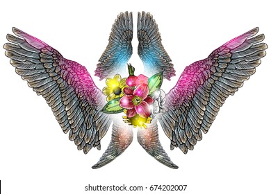 Beautiful illustration with lily, roses and chamomiles flowers and birds wings in blackwork tattoo flash style hand drawing concept. Ornate fashioned angel wings and elegant vintage floral. Vector.