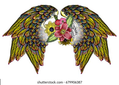 Beautiful illustration with lily, roses and chamomiles flowers and birds wings in blackwork tattoo flash style hand drawing concept. Ornate fashioned angel wings and elegant vintage floral. Vector.