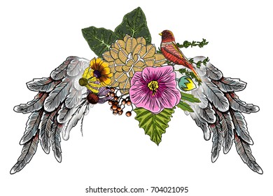 Beautiful illustration with lily, roses and chamomiles flowers and birds wings in blackwork tattoo flash style hand drawing concept. Ornate fashioned angel wings and elegant vintage floral. Vector.