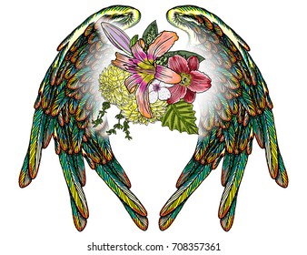 Beautiful illustration with lily, roses and chamomiles flowers and birds wings in blackwork tattoo flash style hand drawing concept. Ornate fashioned angel wings and elegant vintage floral. Vector.