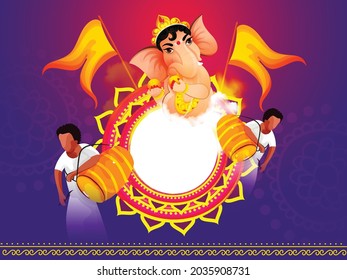 Hermosa Ilustración de Lord Ganesha, Diseño de Marco Tradicional para la celebración del Festival Hindú Ganesh Chaturthi.