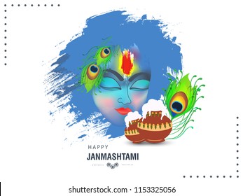 Beautiful Illustration of Lord Krishna Face on Grungy Pattern for Hindu Festival Shree Krishna Janmashtami.