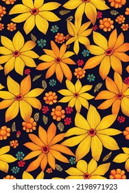 A beautiful illustration of marigolds, floral pattern on black background, to use for cards, invitations or illustration on "Dia de los muertos".