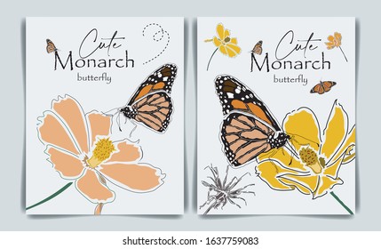 Beautiful illustration of monarch butterfly on flowers, card or cover template, vector illustration, vector Eps 10