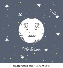 Beautiful illustration with the moon on the background of the stars with clouds in vintage style. Starry sky with constellations. Hand drawn illustration with astrology elements.
