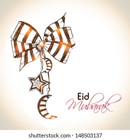 Beautiful illustration for Muslim community festival Eid Mubarak with hanging moon and stars.