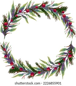 a beautiful illustration of a New Year's wreath made of soft green twigs and holly leaves or a Christmas tree with red berries
