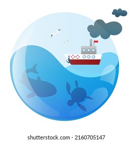 Beautiful illustration of the ocean with a shark and a turtle and a sailing ship. Tourism, fishing, diving. Vector graphics