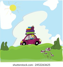 beautiful illustration on holiday, purple car with luggage on the roof for long vacation road trip