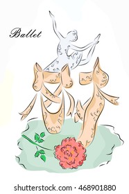 Beautiful illustration on the theme of a ballet with dancer, pointe shoes and rose.