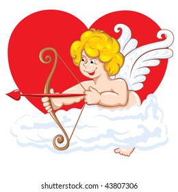 Beautiful illustration on Valentine's Day, Cupid is ready to release an arrow. Vector.