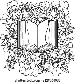 A beautiful illustration of an open book with floral background. A whimsical line art illustration as coloring page - book. A fun activity for the whole family.