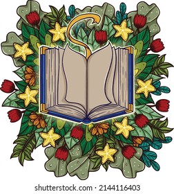 A beautiful illustration of an open book with floral background. This is a vectorize illustration from a traditional drawing.