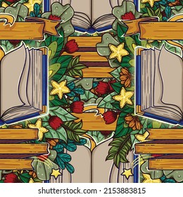 A beautiful illustration of an open book with floral background and empty banner for you to write your own quote in.