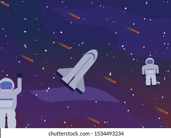 beautiful illustration of outer space at night with spaceship and astronaut objects