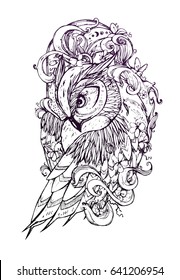 Beautiful illustration with owl. The owl inside ocean waves with sakura flowers. It can be used for printing on t-shirts and idea for tattoo.