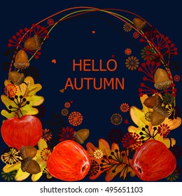 A beautiful illustration of a pattern of acorns. greeting card. Hello, Autumn