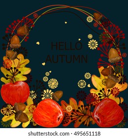 A beautiful illustration of a pattern of acorns. greeting card. Hello, Autumn