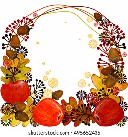 A beautiful illustration of a pattern of acorns. greeting card. apples