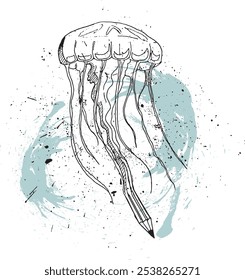 Beautiful illustration of pencil jellyfish hand-drawn with ink splashes, Unique characters of pencil and jellyfish	