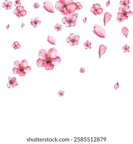 Beautiful illustration of pink cherry blossoms and petals on a white background. Perfect for spring-themed designs, invitations, and decor. 