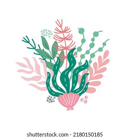 Beautiful illustration with pink and green seaweed, seashell on a white background. Creative kids hand drawn composition for posters, cards, prints for  t-shirts, pillows, mugs. Vector graphics.