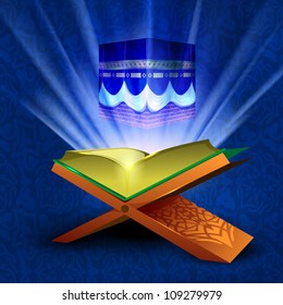 Beautiful illustration Qaaba Sharif or Qaba with holy book Quran and moon on modern abstract blue background. EPS 10. Vector illustration.
