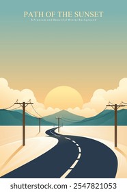 Uma bela ilustração de uma estrada tranquila da aldeia no pôr do sol no inverno. Com detalhes e cores atraentes, esta ilustração está pronta para suportar suas várias necessidades visuais.