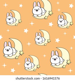 Beautiful illustration with a rabbit sleeping on the moon seamless pattern on an orange background for children