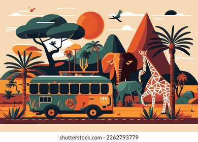 beautiful illustration of safari scene with savannah background, elephants, wild animals around. 