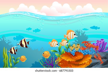 beautiful illustration of the sea. Marine Life Landscape.  Underwater and  the ocean with different animals.