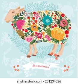 Beautiful illustration of sheep made of flowers.