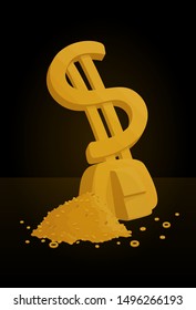Beautiful illustration with shiny golden dollar sign and hill of coins on dark background