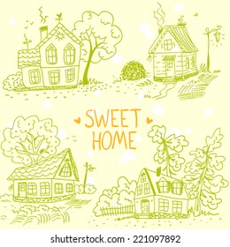 Beautiful illustration silhouette set sketch doodle houses
